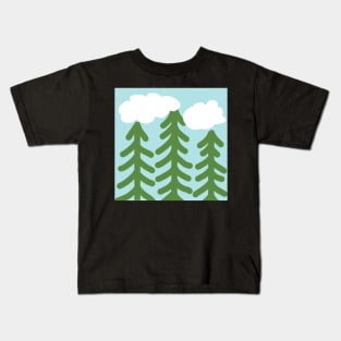 Can’t see the wood for the trees - three lonely pine trees and fluffy white clouds Kids T-Shirt